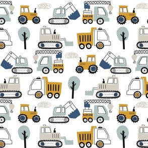 Construction Vehicles in Rows on White
