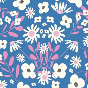 More Folk Floral Fun - Pink, Blue And White - Large Scale.