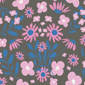 More Folk Floral Fun - Luxe Pink And Blue On Warm Earth.