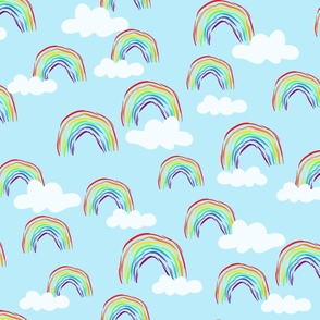 $ Jumbo scale Hand drawn rainbows and fluffy clouds make the perfect bedlinen for nursery and children.