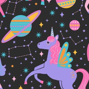 Space Unicorns - Neon Rainbow on Black - Large