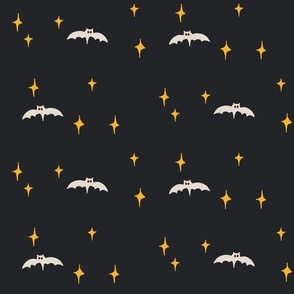 Bats and Spooky Night Stars Retro Pop Dark Navy, Yellow and Ecru White