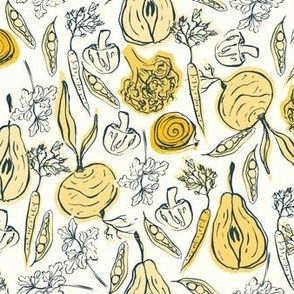 Hand Drawn Block Print Vegetables on Cream White Background