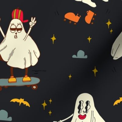 Halloween Retro Pop Art Ghosts Skating the Night Dark Navy