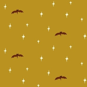 Bats and Spooky Night Stars Retro Pop Brown, Ochre yellow and Ecru White