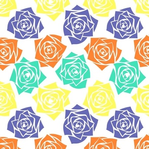 L Colorful Roses – Mint Green Rose (Green Pastel) Bright Yellow Rose (Neon Yellow) Burnt Orange Rose (Brick Orange) and Deep Puple Rose (Violet) on White - Classic Horizontal Stripes - Mid Century Modern inspired (MOD) - Vintage – Minimalist Flowers - Geo