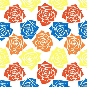 L Colorful Roses – Bright Yellow Rose (Neo Yellow) Rust Orange Rose (Burnt Orange) Coral Red Rose (Bright Red) and Cobalt Blue Rose (Bright Blue) on White - Classic Horizontal Stripes - Mid Century Modern inspired (MOD) - Vintage – Minimal Flower - Geome