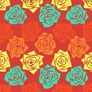 L Colorful Roses – Bright Yellow Rose (Lemon Yellow) Mustard Yellow Rose Burnt Orange Rose (Rust Orange) Bright Red Rose (Coral Red) and Pastel Green Rose (Mint Green) on Burgundy Red - Classic Horizontal Stripes - Mid Century Modern inspired (MOD) - Vin