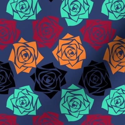 M Moody Roses – Deep Black Rose Burgundy Red Rose (Dark Red) Mustard Yellow Rose and Pastel Green Rose (Mint Green) on Indigo Blue (Dark Blue) - Classic Horizontal Stripes - Mid Century Modern inspired (MOD) - Vintage – Minimalist Florals - Geometric F