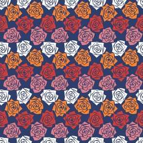M Colorful Roses – White Rose Soft Pink Rose (Pink Clay) Mustard Yellow Rose and Coral Red Rose on Navy Blue (Dark Blue) - Classic Horizontal Stripes - Mid Century Modern inspired (MOD) - Vintage – Minimalist Flower - Geometric Florals
