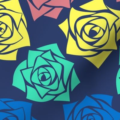 L Colorful Roses – Cobalt Blue Rose (Bright Blue) Mint Green Rose (Pastel Green) Lemon Yellow Rose (Bright Yellow) and Soft Pink Rose (Pink Clay) on Indigo Blue (Dark Blue) - Classic Horizontal Stripes - Mid Century Modern inspired (MOD) - Vintage – Minim
