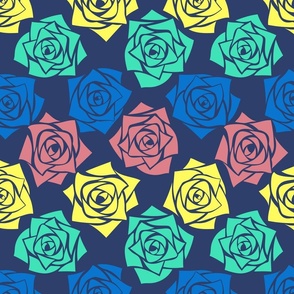 L Colorful Roses – Cobalt Blue Rose (Bright Blue) Mint Green Rose (Pastel Green) Lemon Yellow Rose (Bright Yellow) and Soft Pink Rose (Pink Clay) on Indigo Blue (Dark Blue) - Classic Horizontal Stripes - Mid Century Modern inspired (MOD) - Vintage – Minim