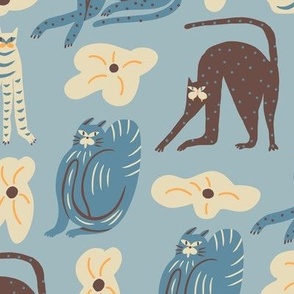 Cats and lilies in pale blue large