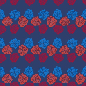 M Colorful Roses – Bright Blue Rose (Cobalt Blue) Rust Orange Rose (Burnt Orange) and Burgundy Red Rose (Dark Rose) on Navy Blue (Dark Blue) - Classic Horizontal Stripes - Mid Century Modern inspired (MOD) - Vintage – Minimalist Flowers - Geometric Flora