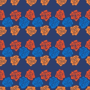 M Colorful Roses – Mustard Yellow Rose Burnt Orange Rose (Rust Orange) and Bright Blue Rose (Cobalt Blue) on Navy Blue (Dark Blue) - Classic Horizontal Stripes - Mid Century Modern inspired (MOD) - Vintage – Minimalist Floral - Geometric Florals