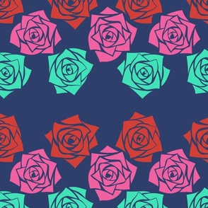 L Colorful Roses – Hot Pink Rose (Neon Pink) Coral Red Rose and Mint Green Rose (Green Pastel) on Navy Blue (Dark Blue) - Classic Horizontal Stripes - Mid Century Modern inspired (MOD) - Vintage – Minimal Flower - Geometric Florals