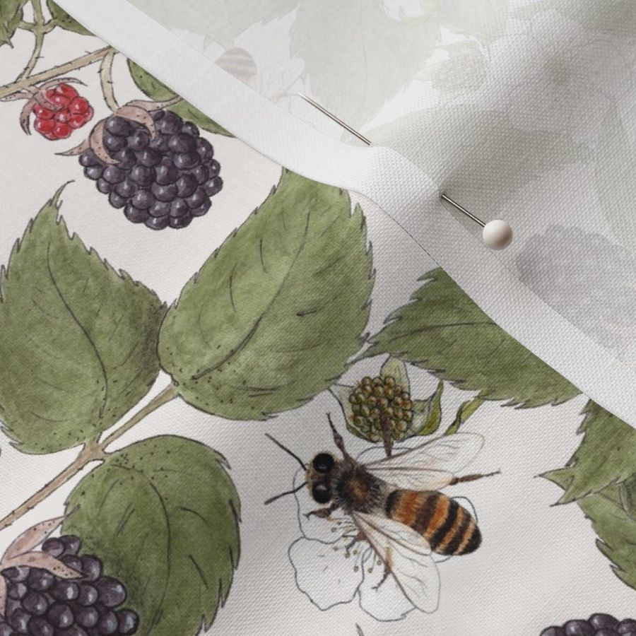 Medium Scale - Blackberries & Bees on Off White 