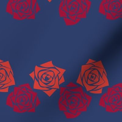 M Colorful Roses – Rust Orange Rose (Burnt Orange) and Dark Red Rose (Burgundy Red) on Dark Blue (Navy Blue, Indigo Blue) - Classic Horizontal Stripes - Mid Century Modern inspired (MOD) - Vintage – Minimal Flowers - Geometric Florals