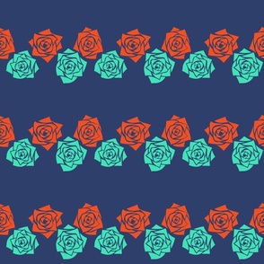 M Colorful Roses – Bright Orange Rose (Burnt Orange) and Mint Green Rose (Green Pastel) on Navy Blue (Dark Blue) - Classic Horizontal Stripes - Mid Century Modern inspired (MOD) - Vintage – Minimal Floral - Geometric Florals