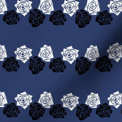 S Moody Roses – White Rose and Black Rose on Navy Blue (Dark Blue) - Balck and White Classic Horizontal Stripes - Mid Century Modern inspired (MOD) - Vintage – Minimal Floral - Geometric Florals