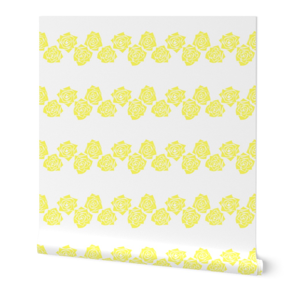 M Roses – Lemon Yellow Rose (Neon Yellow, Bright Yellow) on White - Classic Horizontal Stripes - Mid Century Modern inspired (MOD) - Vintage – Minimal Flower - Geometric Florals