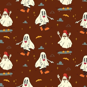 Halloween Retro Pop Art Ghosts Skating the Night Brown