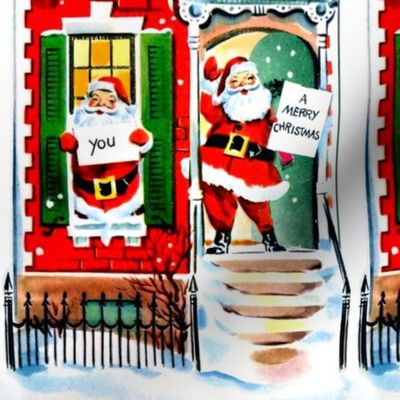 merry Christmas xmas Santa Claus red bricks apartments houses homes buildings snow winter white red vintage retro kitsch