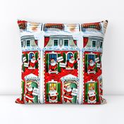 merry Christmas xmas Santa Claus red bricks apartments houses homes buildings snow winter white red vintage retro kitsch