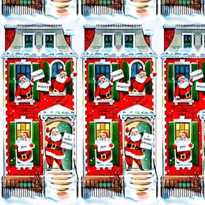 merry Christmas xmas Santa Claus red bricks apartments houses homes buildings snow winter white red vintage retro kitsch