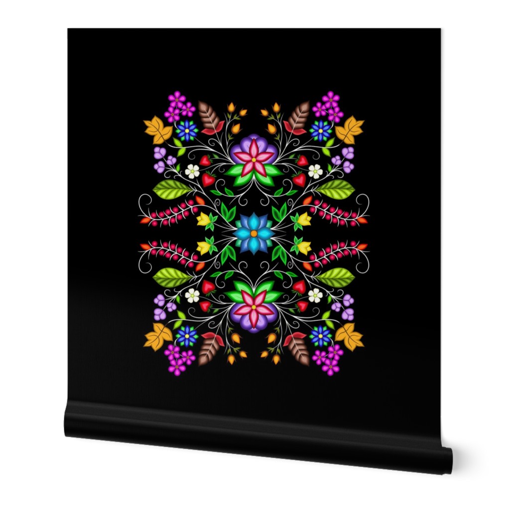 Ojibwe Floral Motif On Black Wallpaper Spoonflower