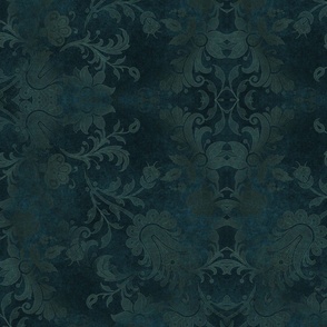 Vintage  Victorian Damask Pattern Dark Emerald Green Teal