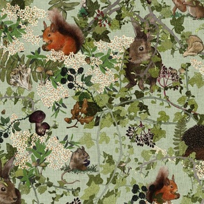 Whimsical hidden woodland animals with mushrooms, nuts and berries on a light green background 