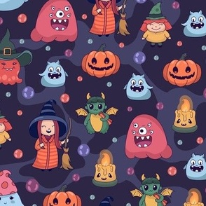 Cute monsters and witches. Halloween art