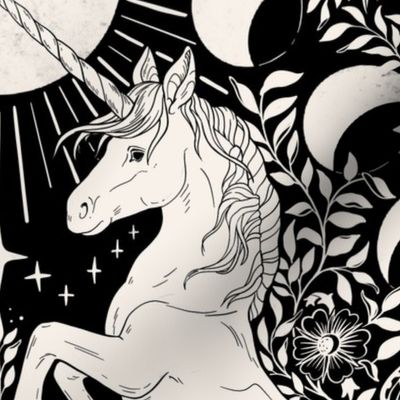 Celestial Unicorn Damask Black And White