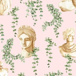 Antique statue and leaf. Pink pattern