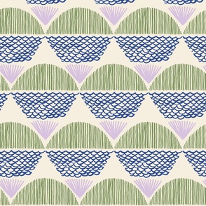 Minismalist handpainted Geometric Scallop_Large in green_ lilac and navy blue