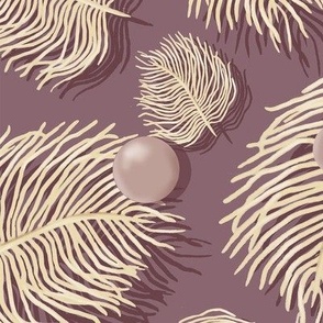 DVFP2 - Dreamy Vintage Feathers and Pearls in Mauve and Pastel Yellow - 21 inch fabric repeat - 12 inch wallpaper repeat