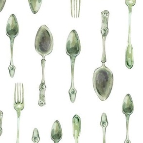 vintage watercolor spoon and forks on white