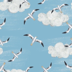 Flying Sea Gulls with cumulus clouds