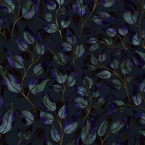 Naturalistic Purple and Teal Leaves on Navy Blue Background