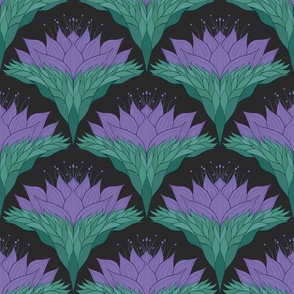  Hand-drawn Art Deco purple flower with teal green leaves on a black background.