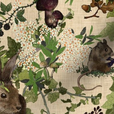 Medium scale whimsical hidden woodland animals with mushrooms, nuts and berries on an oat cream background 