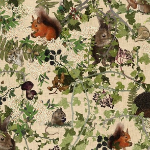 Medium scale whimsical hidden woodland animals with mushrooms, nuts and berries on an oat cream background 