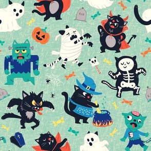 LARGE Fun Halloween Black Cat Monster Mash Blue and Green