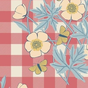 Belle | Coral Red + Butter Yellow | 12" repeat | French Country Gingham Floral