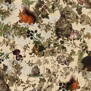 Medium scale whimsical hidden woodland animals with mushrooms, nuts and berries on a cream background 