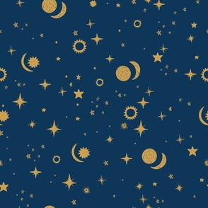 Celestial Constellation Starry Night in Cobalt Blue and Gold Large