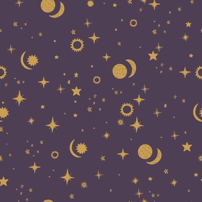 Celestial Constellation Starry Night in Deep Purple and Gold Large