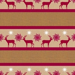 Rustic  cabin core Winter holiday burlap, hessian with stripes, deer, elk reindeer with flowers 8” repeat earthy browns, cream, red silhouettes,stars