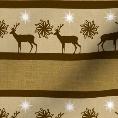 Rustic Winter holiday burlap, hessian with stripes, deer, elk reindeer with flowers 8” repeat earthy browns, cream, brown silhouettes